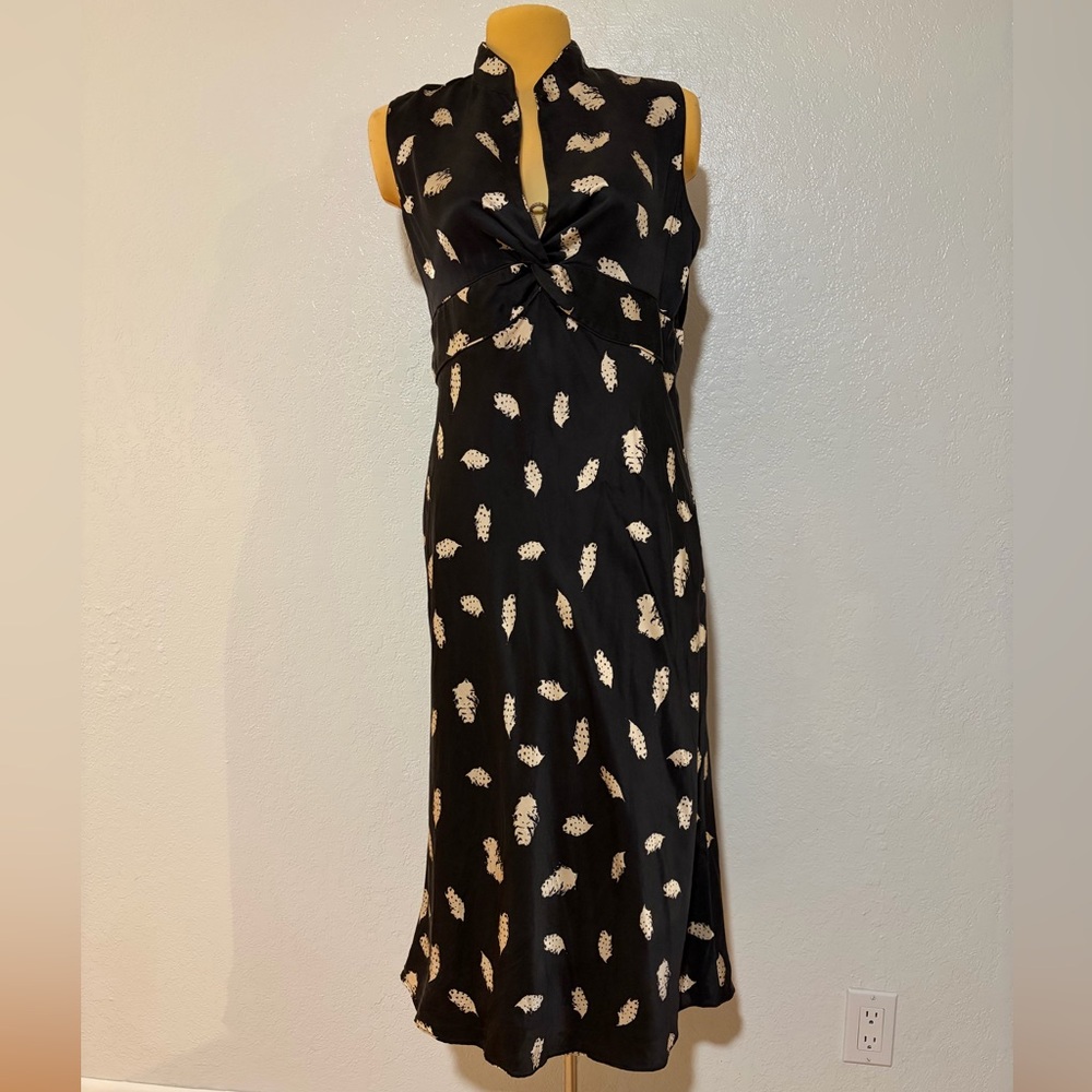 ICE Elegant Black and Cream Feather Print Dress 100% Mulberry Silk Satin Y2K